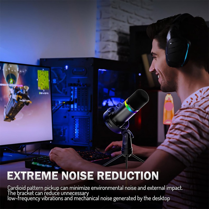 Microphone Arm Boom - USB-gamingmicrofoon met boogarmstandaard, ruisonderdrukking, condensator RGB-microfoon
